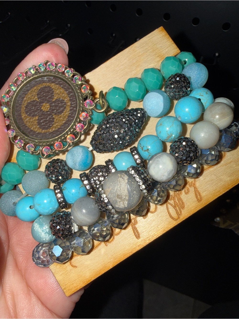 Upcycled LV Turquoise and Gray Beaded Stretch Bracelet Set with Crystal Accents